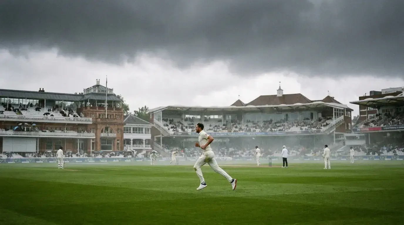 Overcast skies at cricket ground creating swing bowling conditions