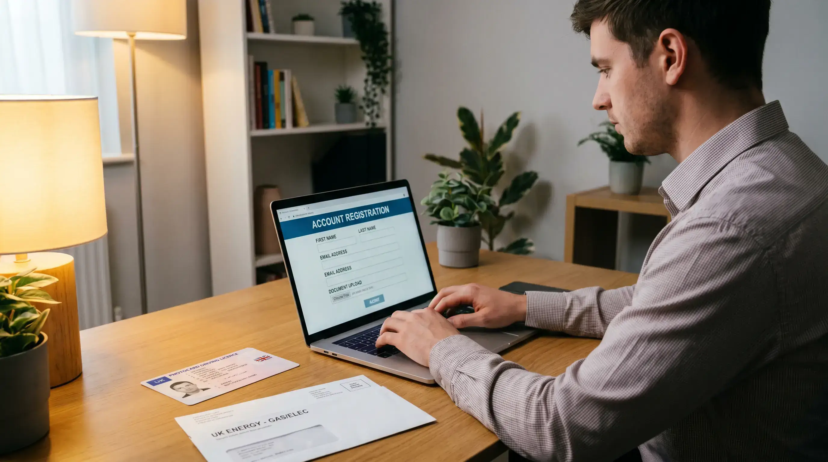 Person at a desk completing online account registration on a laptop with identity documents nearby