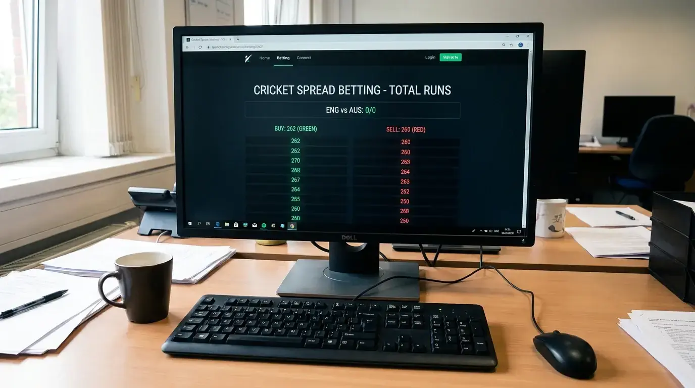 Cricket spread betting interface showing buy and sell prices