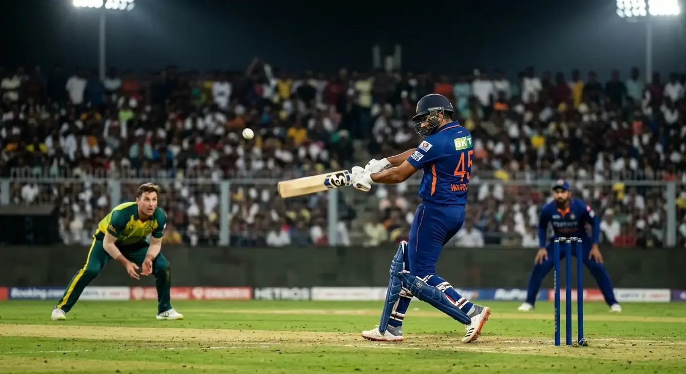 Batsman playing an aggressive shot during a T20 powerplay on a floodlit cricket ground
