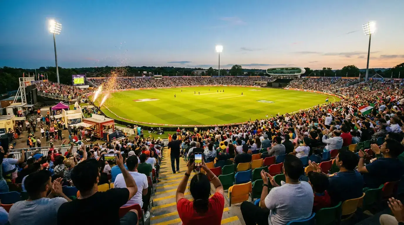 Spectators watching a cricket match at a packed UK ground during a T20 evening fixture