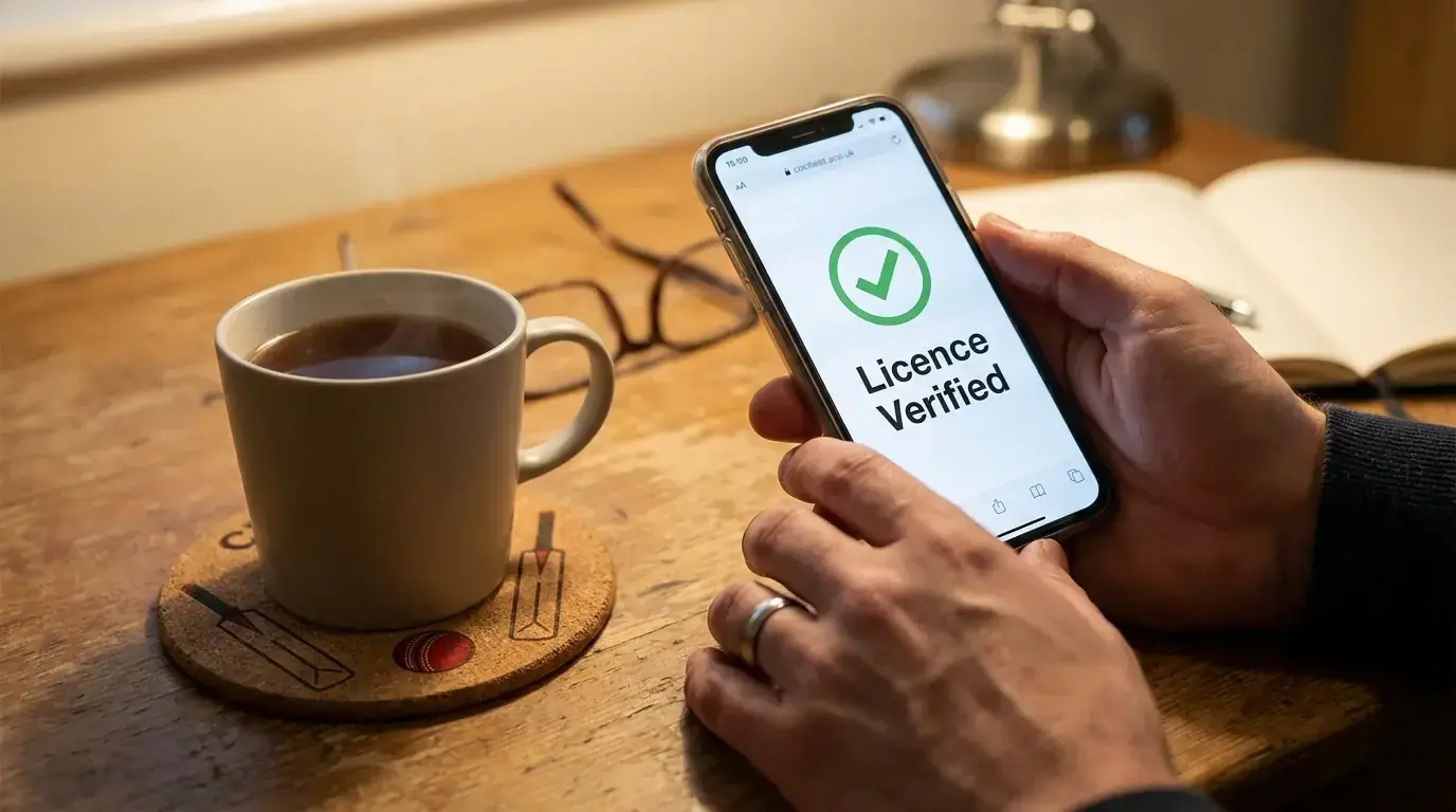 Smartphone screen showing a UKGC licence verification page for a cricket bookmaker
