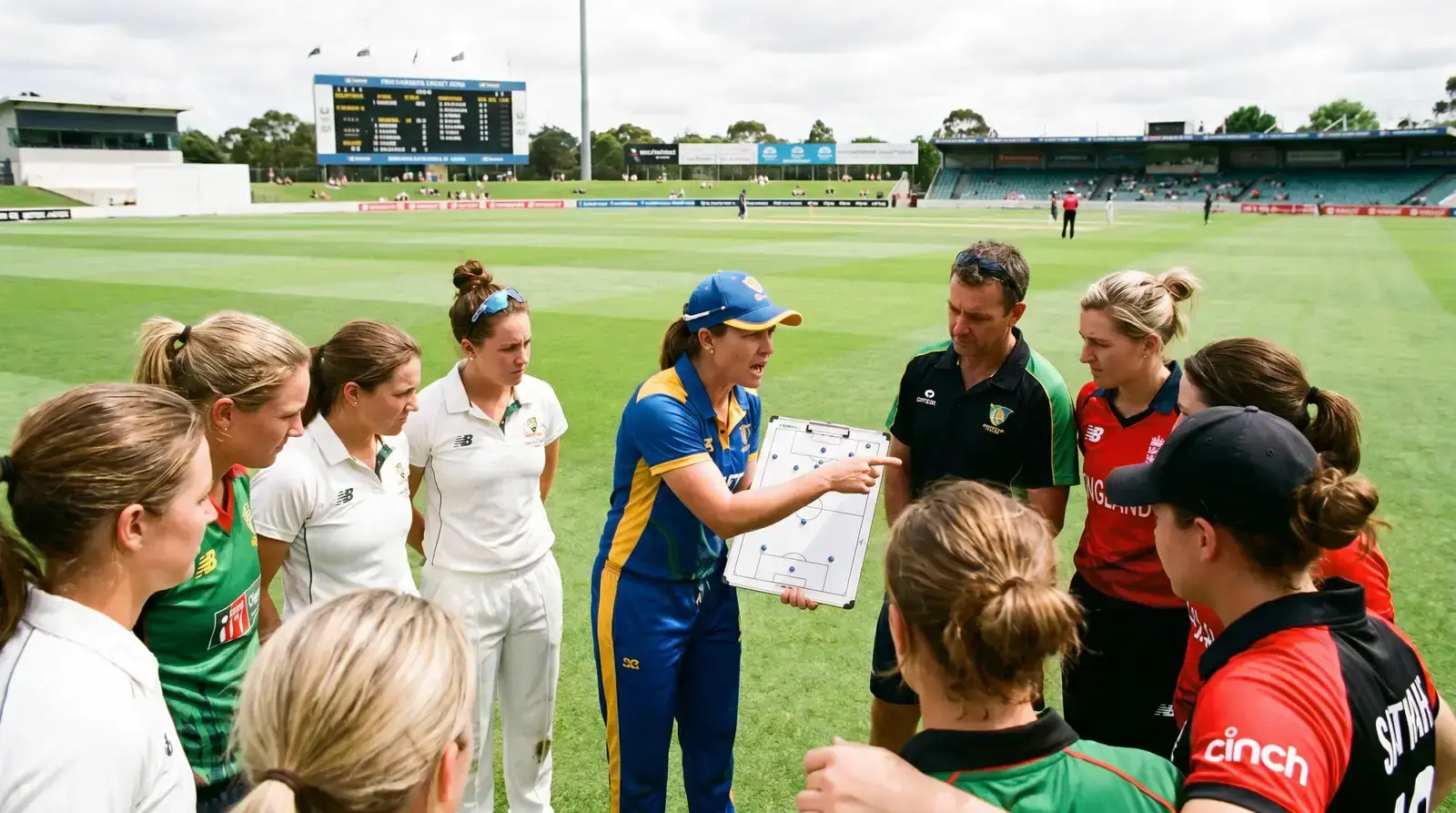 Women's cricket team discussing strategy before a match